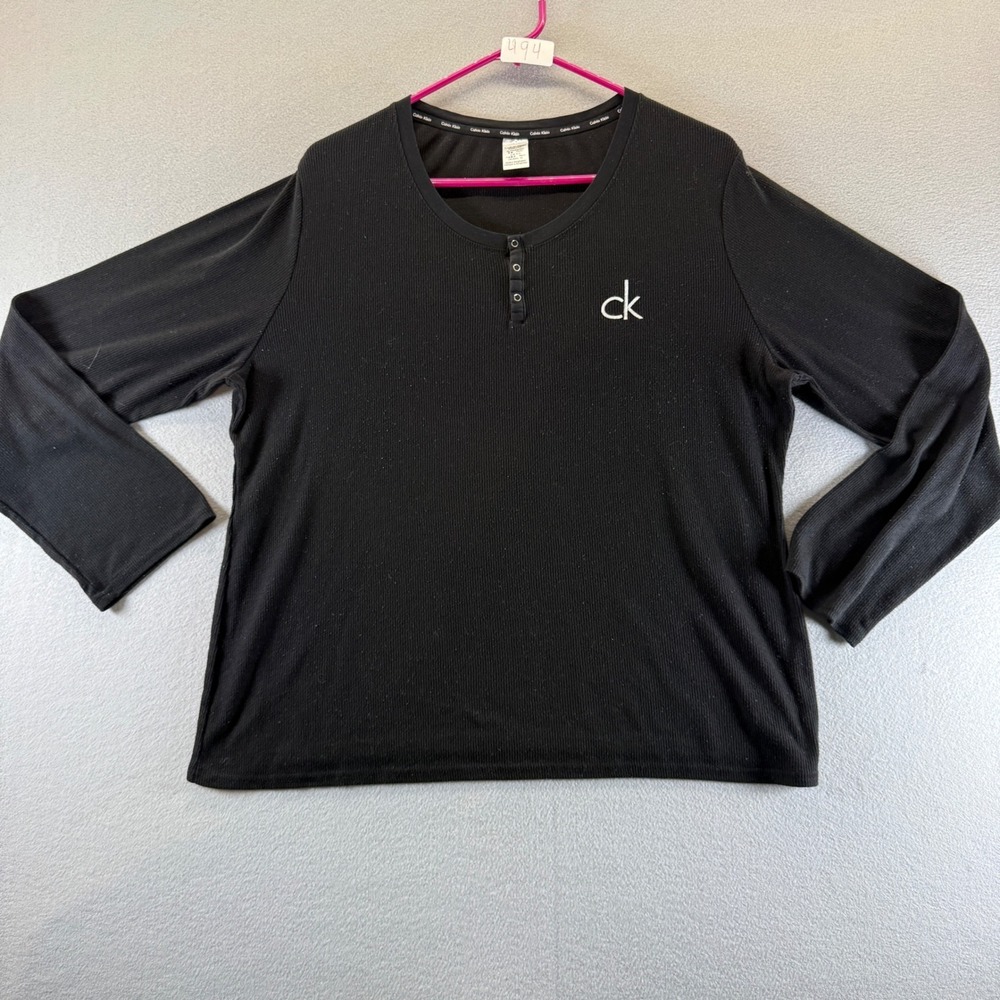 Calvin Klein Sleepwear Henley Top Black Ribbed Long Sleeve XL Logo Pajama Shirt